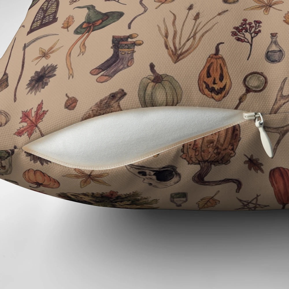 Rustic brown pillow with a crone or witch design, perfect for cozy, spooky, and nature-inspired autumn decor.