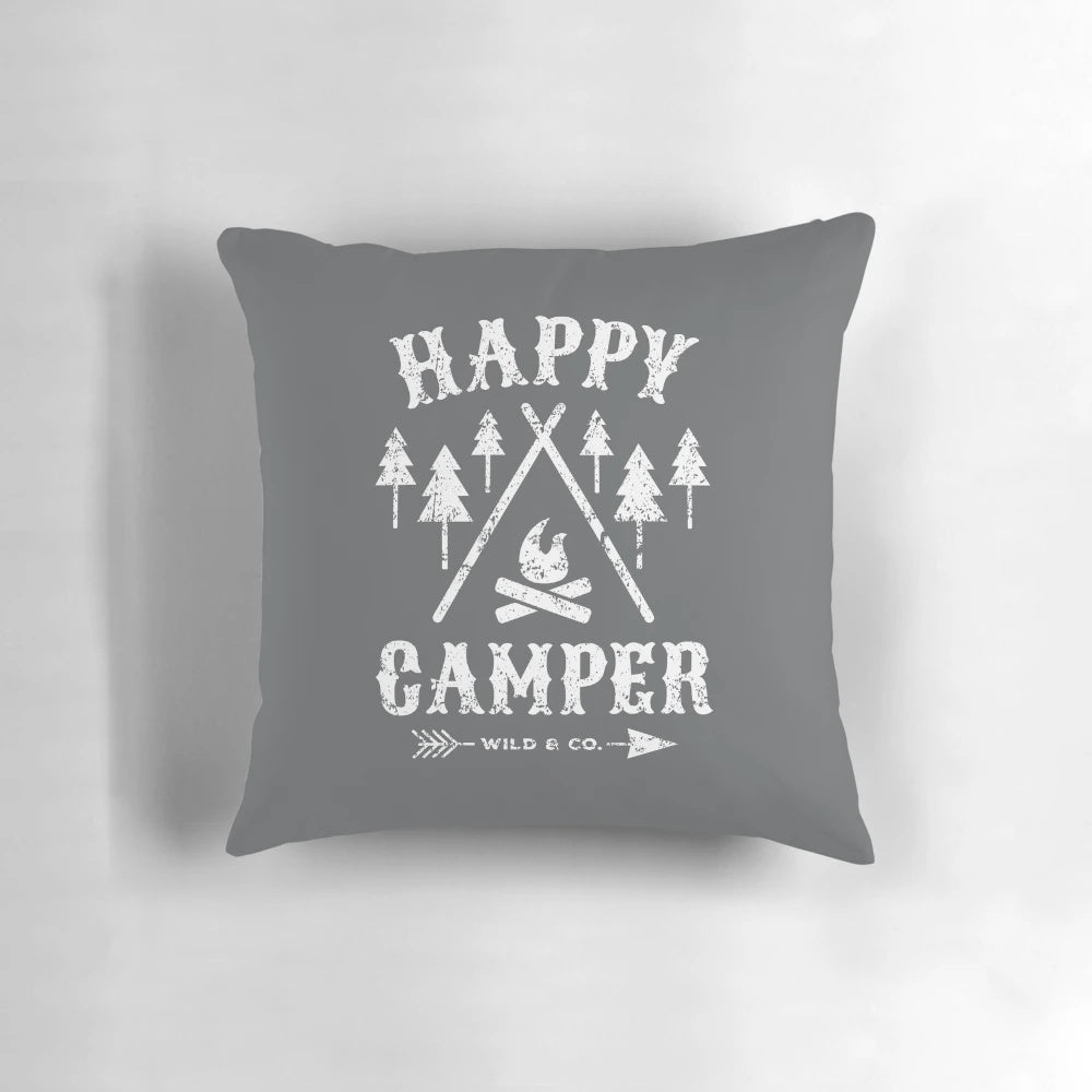 Rustic distressed white pillow with camping and nature-inspired design
