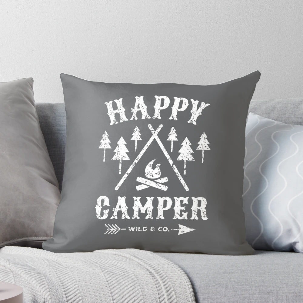 Rustic distressed white pillow with camping and nature-inspired design