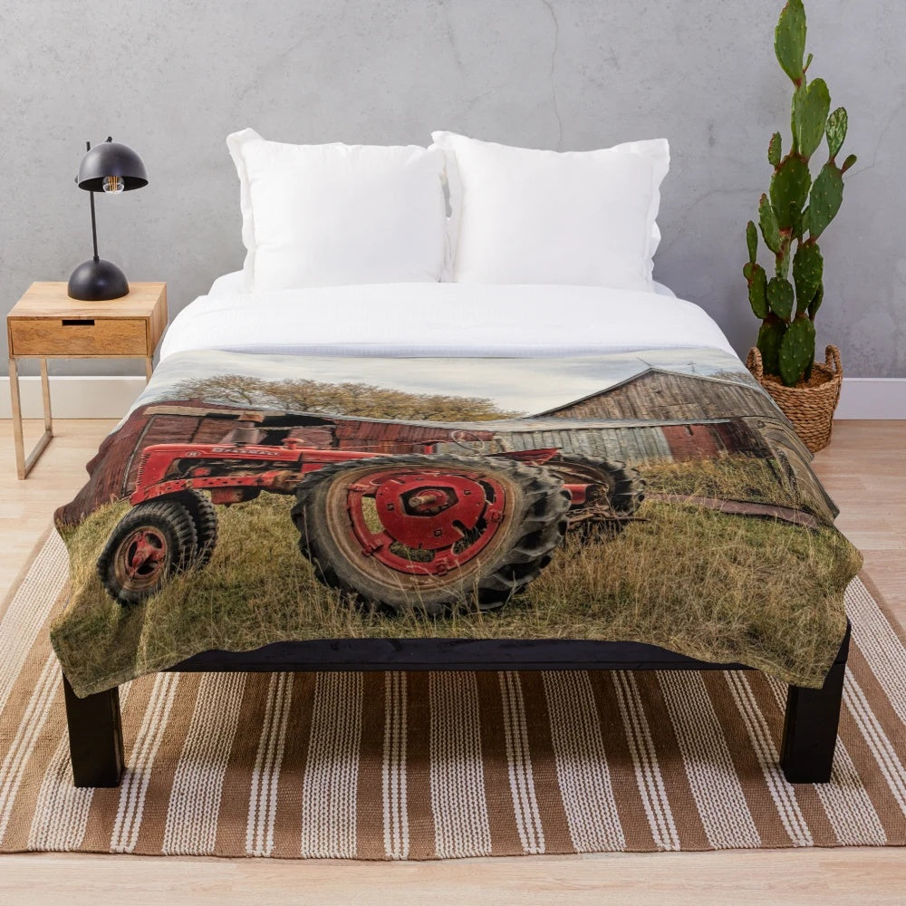 Down on the Farm Plush Blanket featuring a tractor and farm buildings