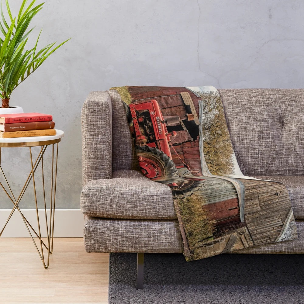Down on the Farm Plush Blanket featuring a tractor and farm buildings