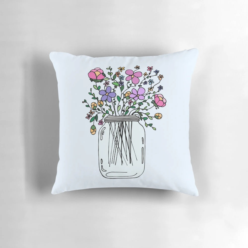 Vibrant floral pattern throw pillow featuring a mason jar design, perfect for adding a touch of summer charm to any room.