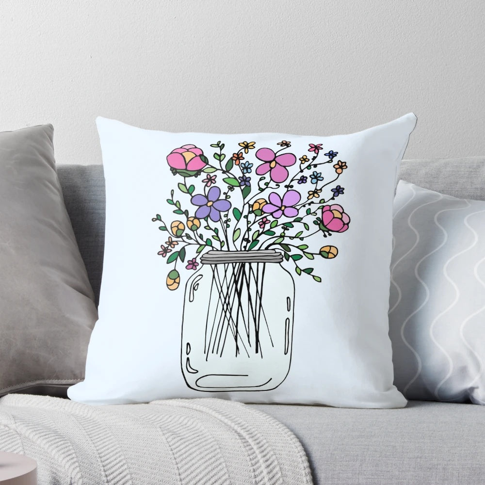 Vibrant floral pattern throw pillow featuring a mason jar design, perfect for adding a touch of summer charm to any room.