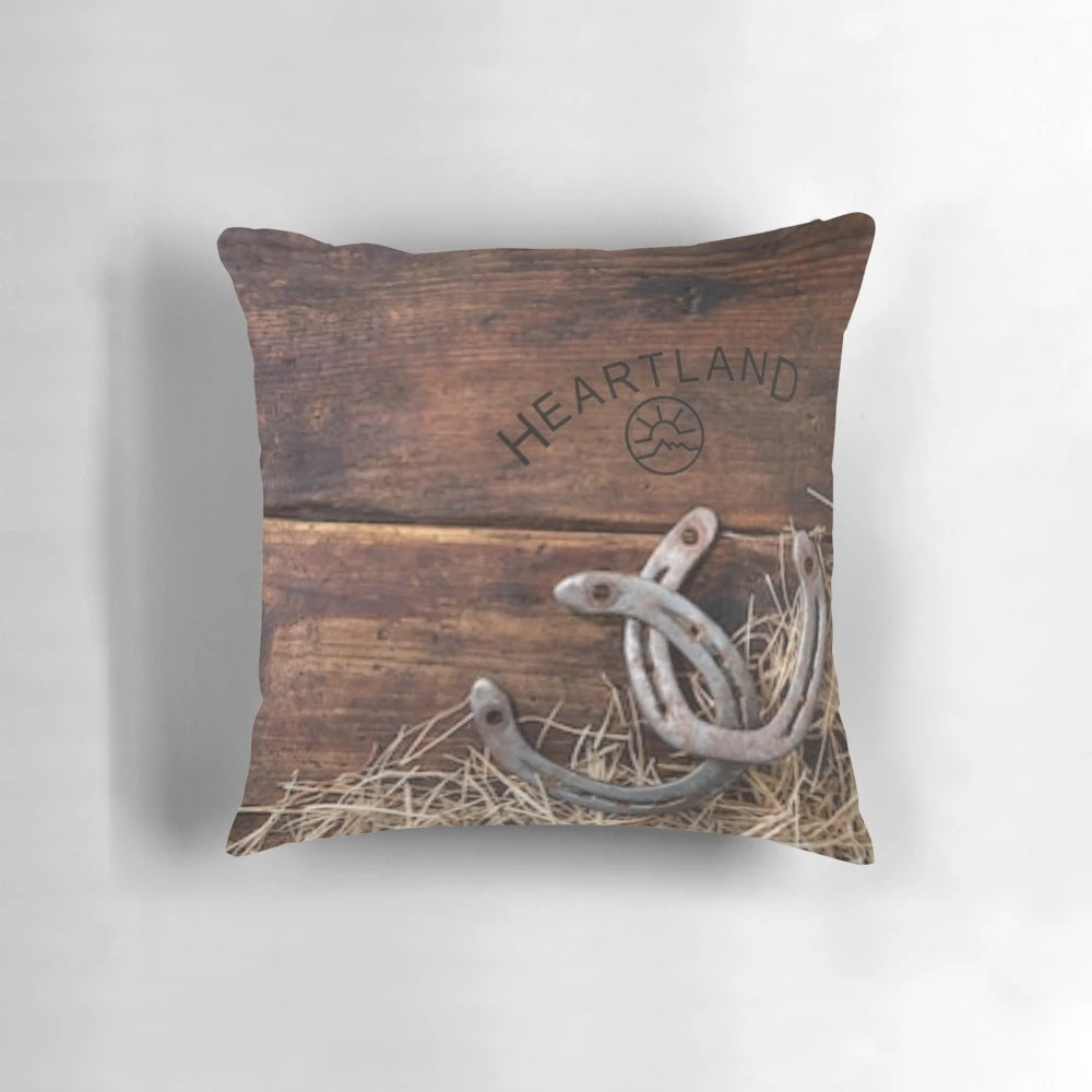 Rustic Farmhouse Heartland Pillow with Horse Shoe Design