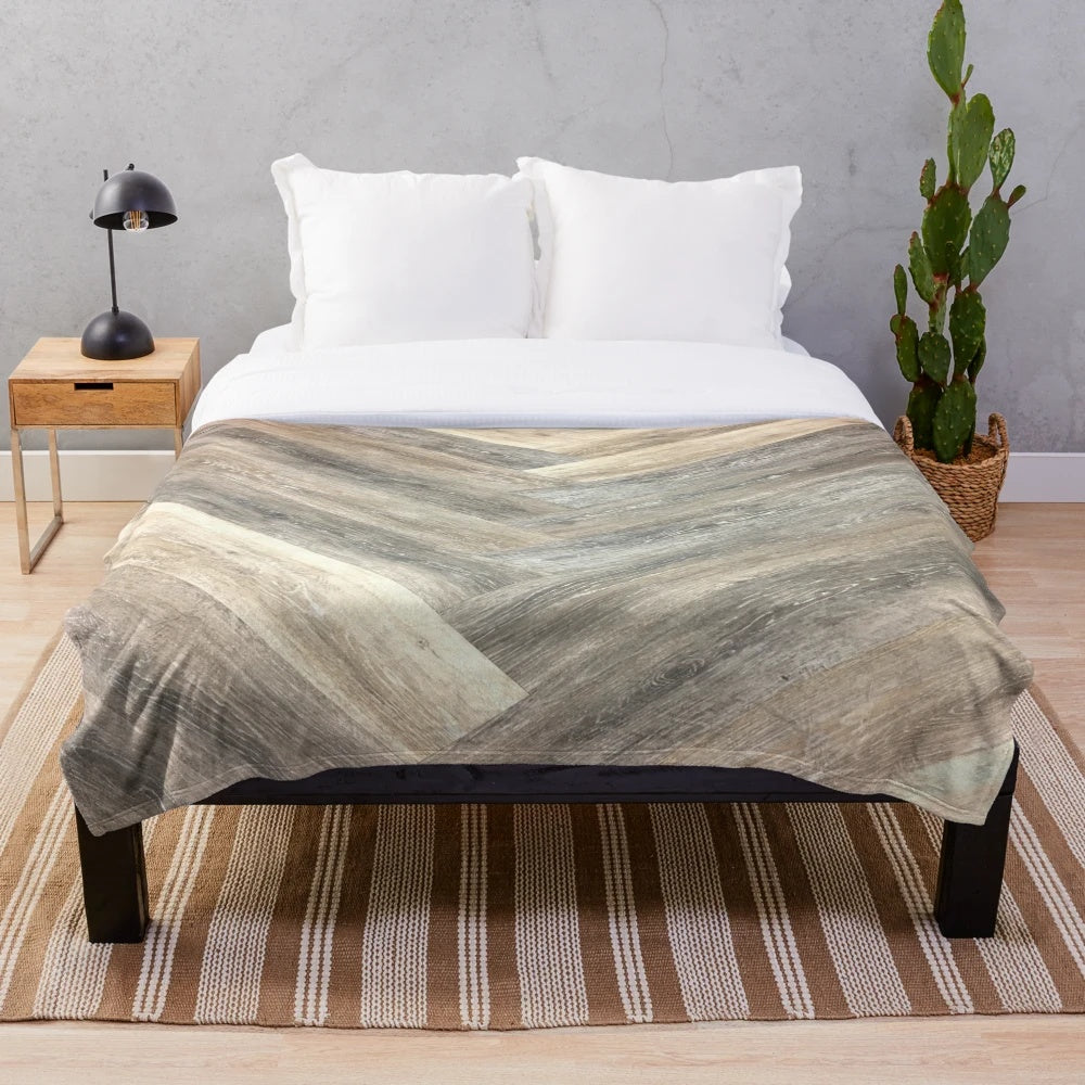 Rustic farmhouse plush blanket with neutral tones and warm, cozy texture