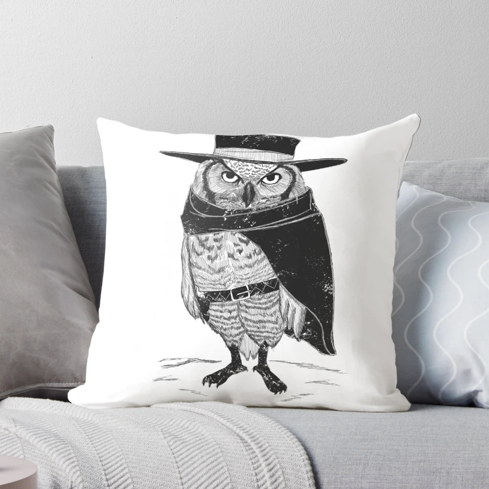 A decorative square pillow with a western-inspired owl design, featuring a fistful of feathers and a rustic, farmhouse aesthetic.