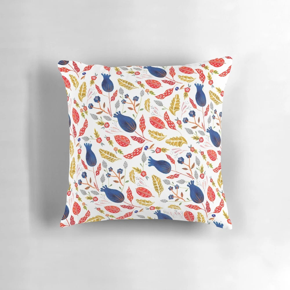 Rustic floral throw pillow with a hand-painted botanical design in vibrant colors