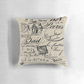 A neutral-colored decorative throw pillow with a handwritten French script design, perfect for adding a touch of vintage charm to any space.