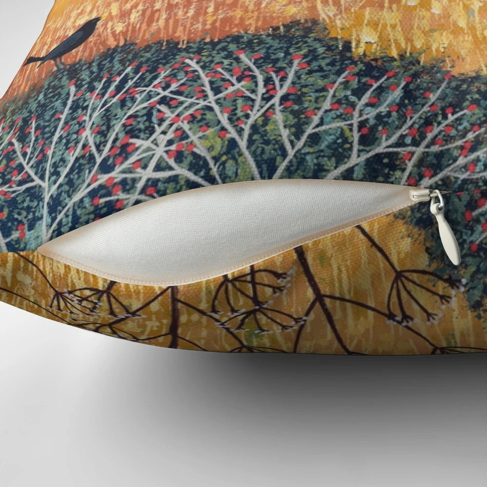 Harvest landscape pillow featuring cottages, birds, and wildlife in a golden countryside scene