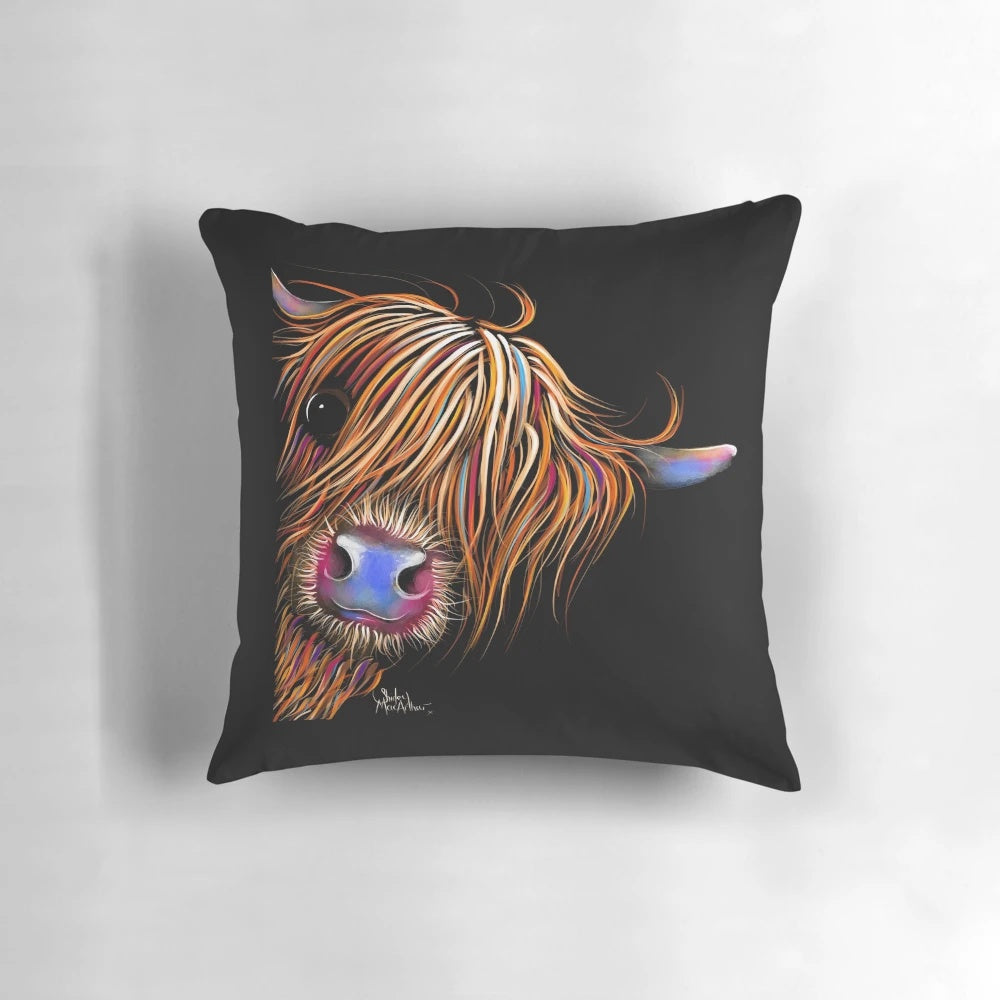 A cozy decorative pillow featuring a whimsical highland cow painting in a farmhouse style.