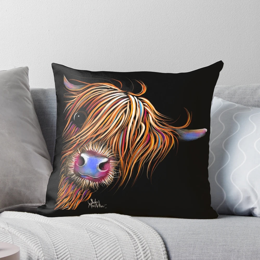 A cozy decorative pillow featuring a whimsical highland cow painting in a farmhouse style.