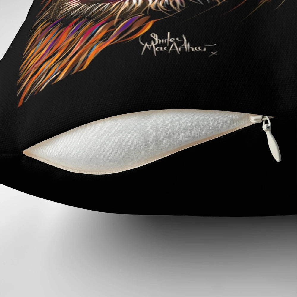 A cozy decorative pillow featuring a whimsical highland cow painting in a farmhouse style.