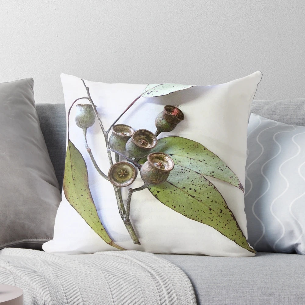 Decorative pillow featuring natural marri eucalyptus leaves and nuts from Western Australia