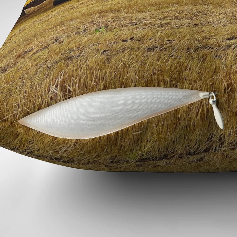 Modern harvest pillow with combine harvester, wheat, and tractor design
