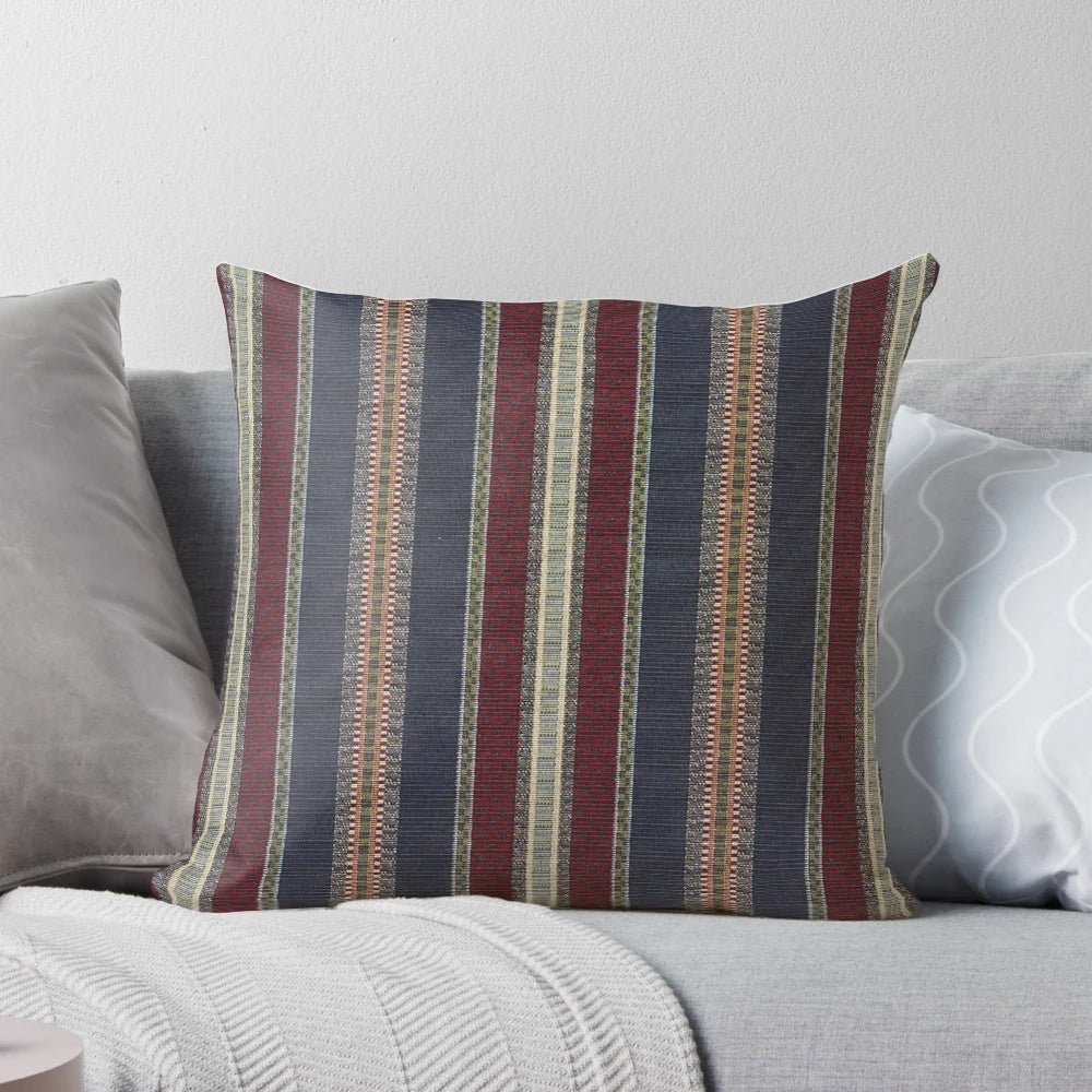 Navy and burgundy striped country style tapestry throw pillow