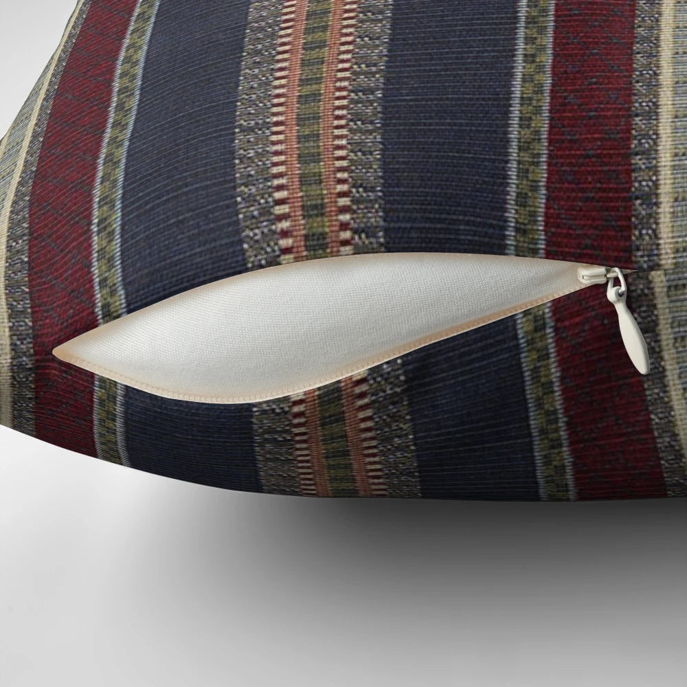 Navy and burgundy striped country style tapestry throw pillow