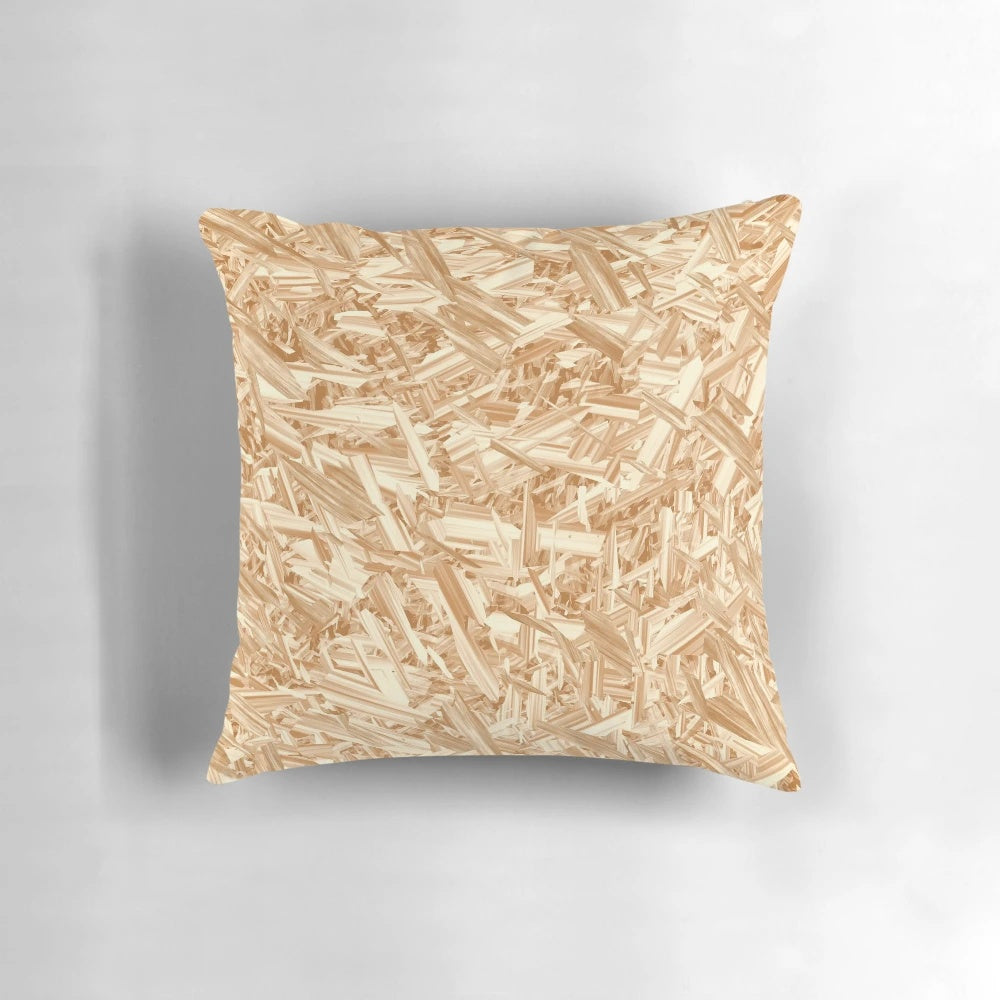 OSB plywood texture decorative throw pillow with a neutral beige and wood chip design