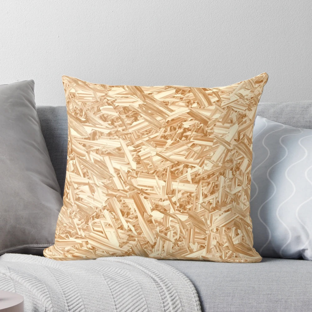 OSB plywood texture decorative throw pillow with a neutral beige and wood chip design