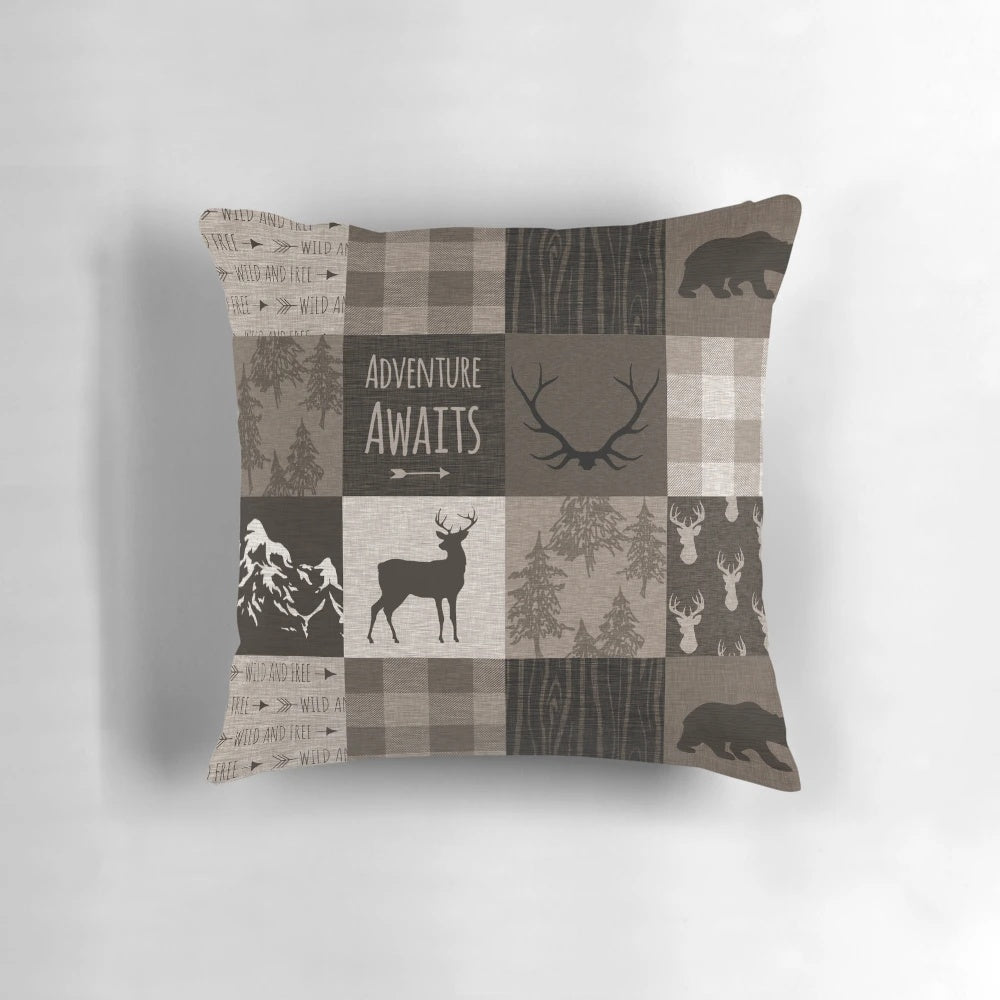 Brown and beige patchwork pillow with a nature-inspired design, perfect for rustic and cabin decor.