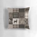 Brown and beige patchwork pillow with a nature-inspired design, perfect for rustic and cabin decor.