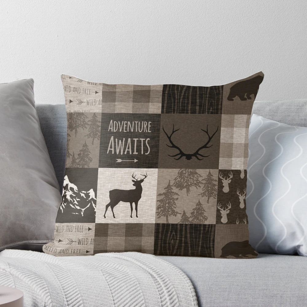 Brown and beige patchwork pillow with a nature-inspired design, perfect for rustic and cabin decor.