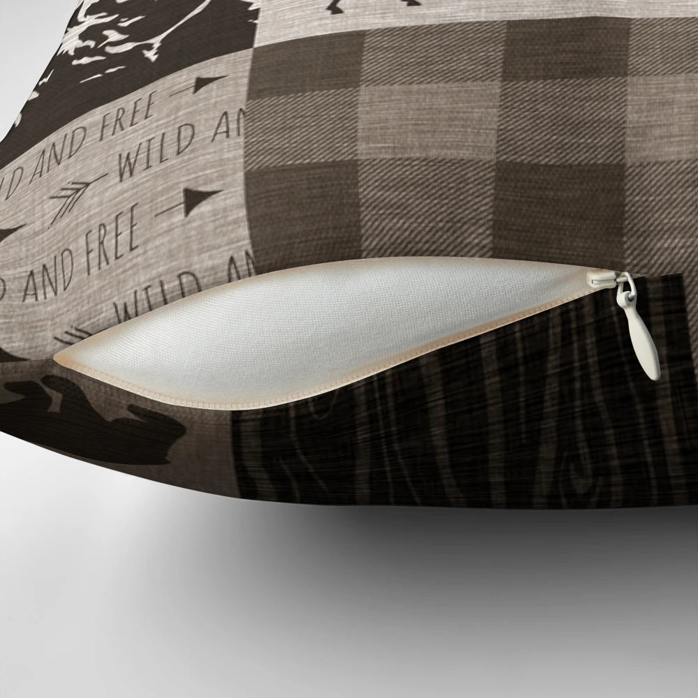 Brown and beige patchwork pillow with a nature-inspired design, perfect for rustic and cabin decor.