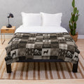 Rustic plush blanket with patchwork wildlife and adventure design