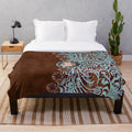 Primitive western country plush blanket in teal, turquoise, and brown