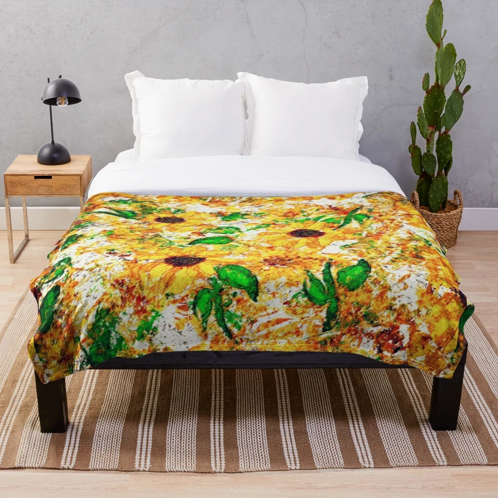 Rustic sunflower plush blanket with distressed garden palette