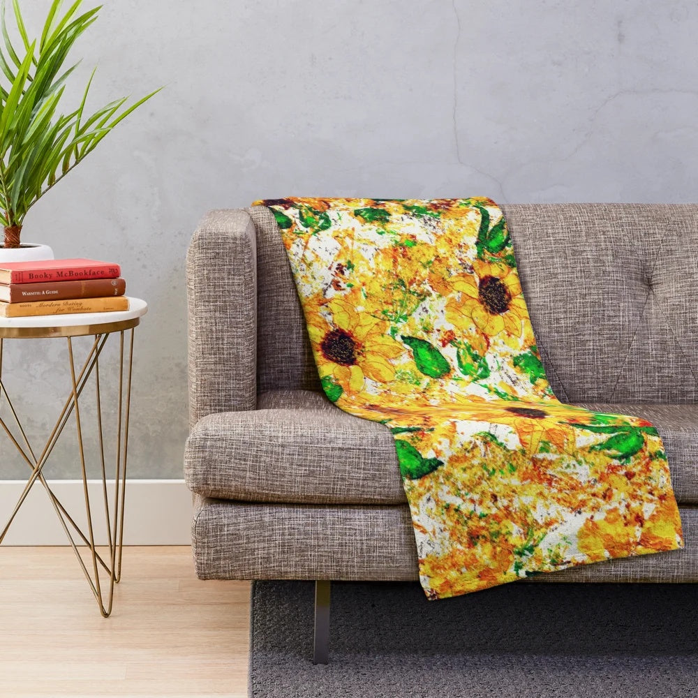 Rustic sunflower plush blanket with distressed garden palette