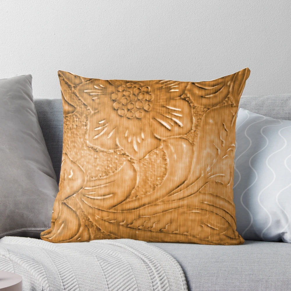Closeup of a tooled leather pattern decorative pillow with a rustic southwestern style.