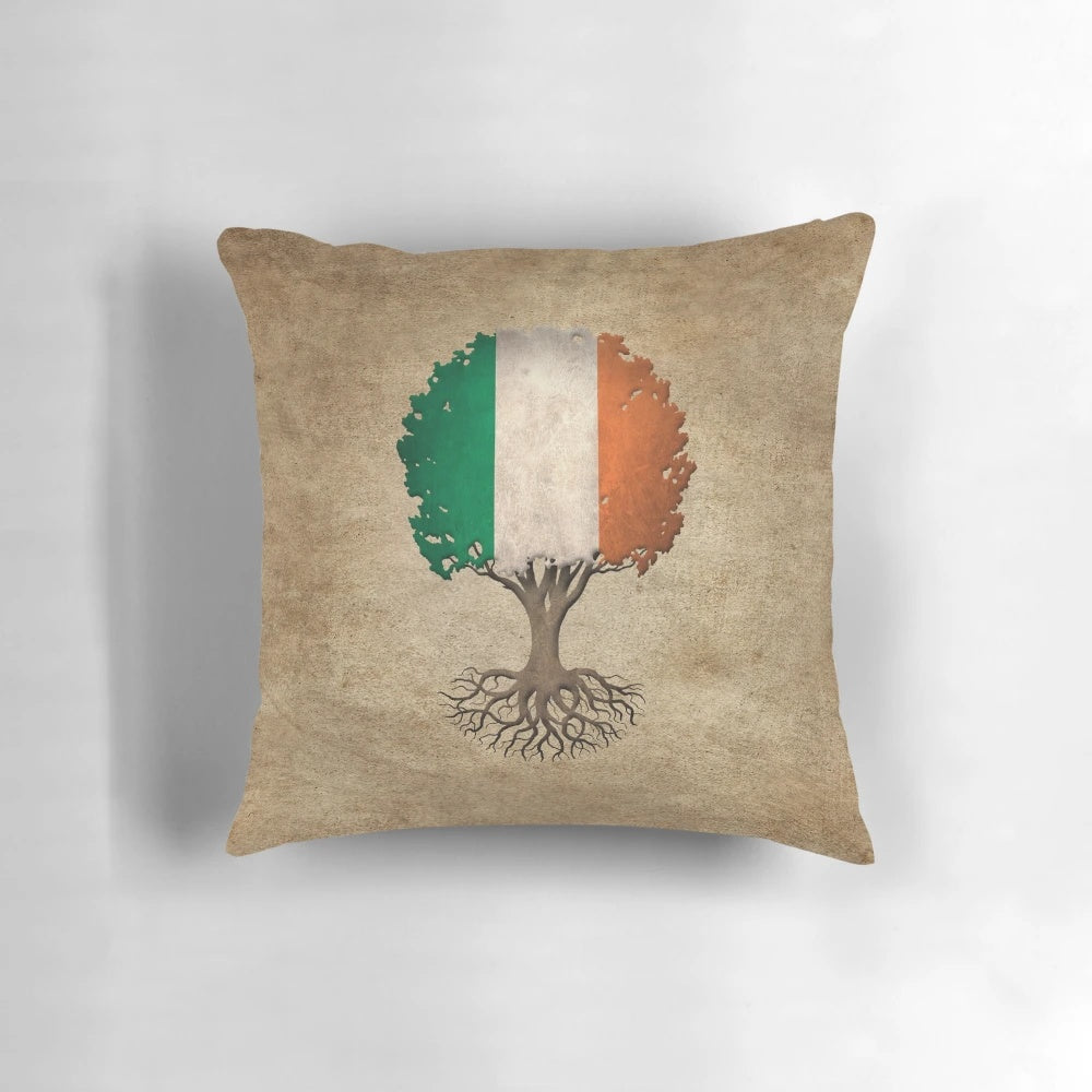 Vintage-style tree of life graphic with Irish flag on a stylish throw pillow