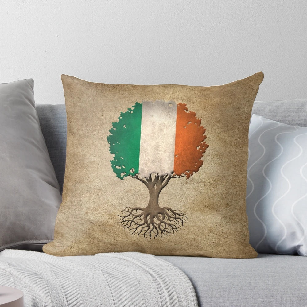 Vintage-style tree of life graphic with Irish flag on a stylish throw pillow
