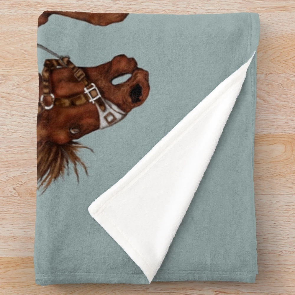 Vintage rodeo cowboy plush blanket with galloping horses, bucking broncos, and western decor elements