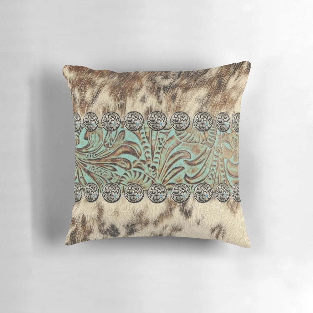Rustic western country-style pillow cover with teal, brown, and beige tones