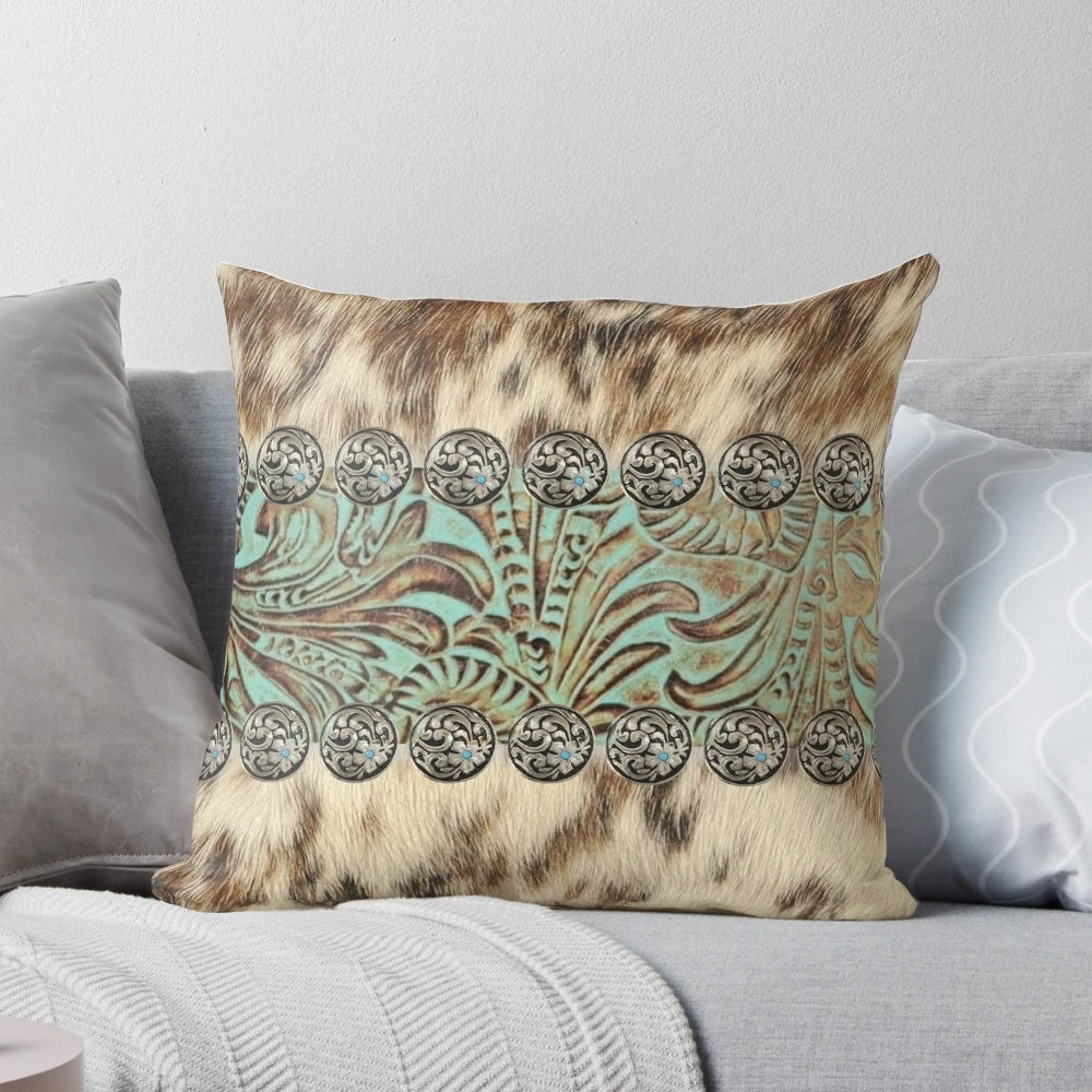 Rustic western country-style pillow cover with teal, brown, and beige tones