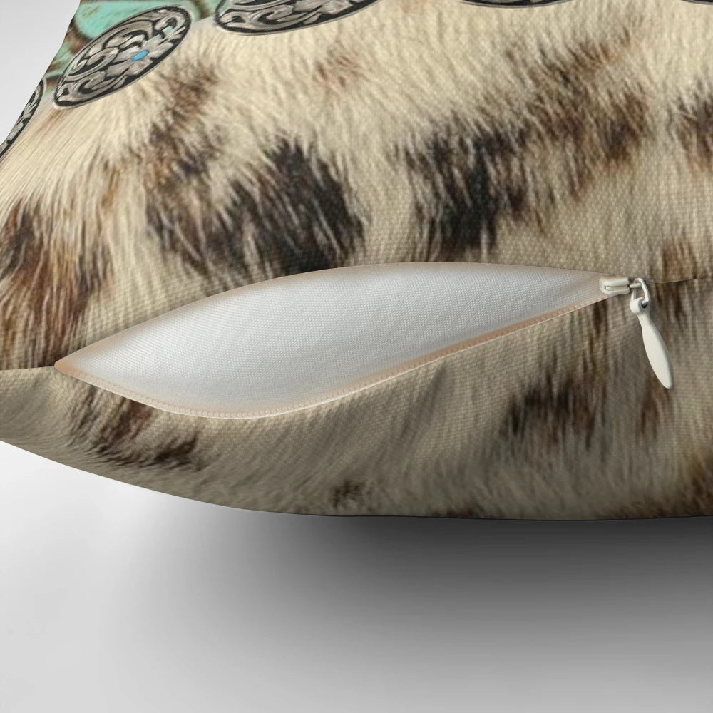 Rustic western country-style pillow cover with teal, brown, and beige tones