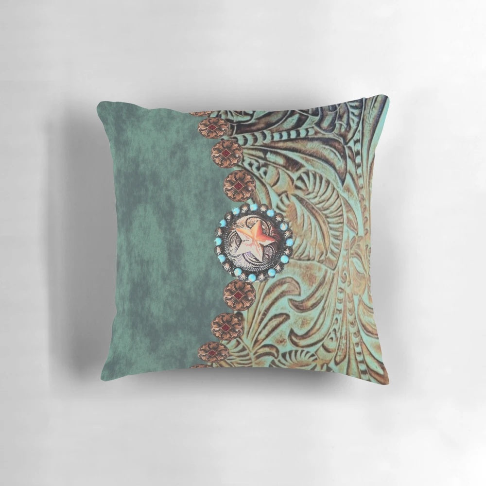 Rustic Western Country Teal Green Pillow with Cowboy and Cowgirl Motifs