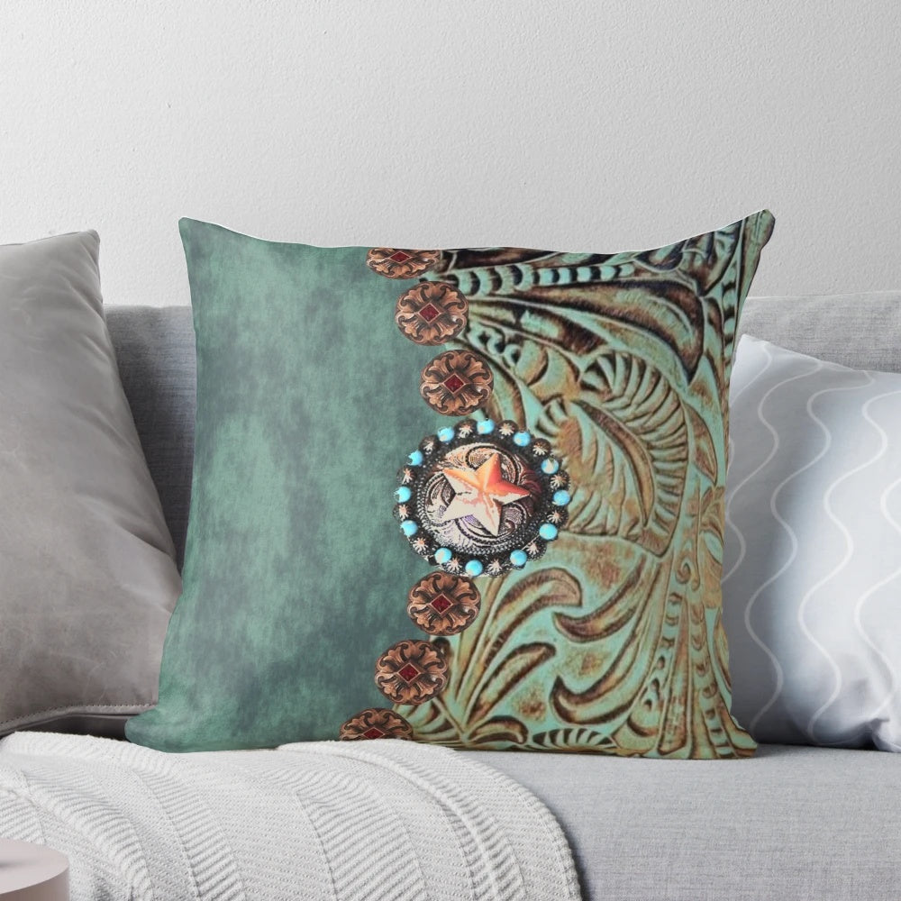 Rustic Western Country Teal Green Pillow with Cowboy and Cowgirl Motifs