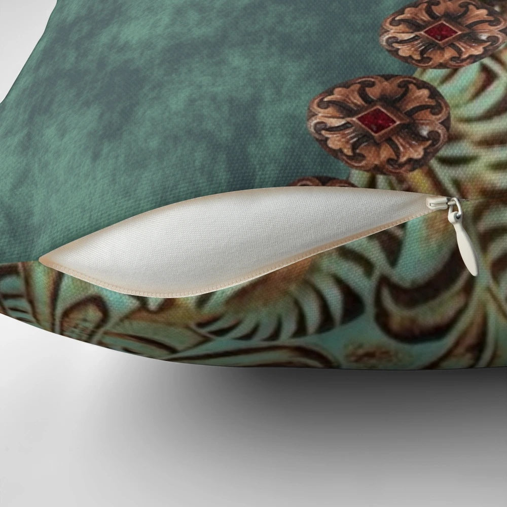 Rustic Western Country Teal Green Pillow with Cowboy and Cowgirl Motifs
