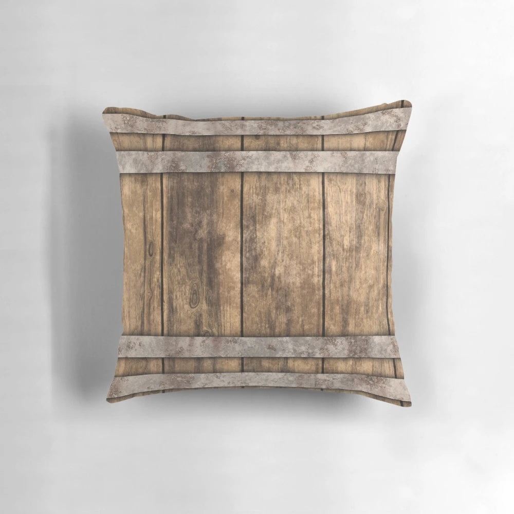 A cozy and rustic accent pillow featuring a distressed wooden barrel design, perfect for farmhouse or industrial-inspired home decor.