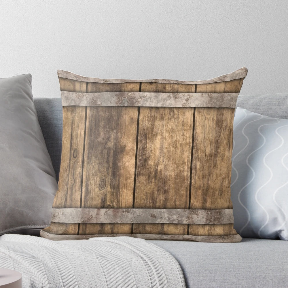 A cozy and rustic accent pillow featuring a distressed wooden barrel design, perfect for farmhouse or industrial-inspired home decor.