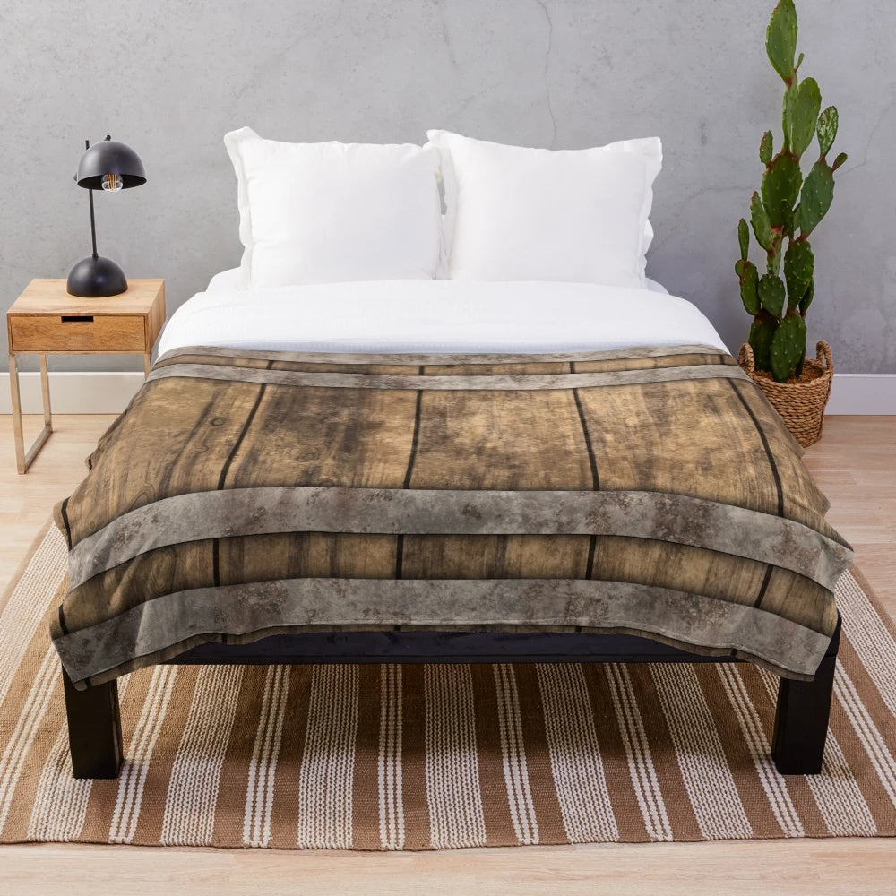 Rustic wooden barrel background plush blanket with textured wood and metal elements