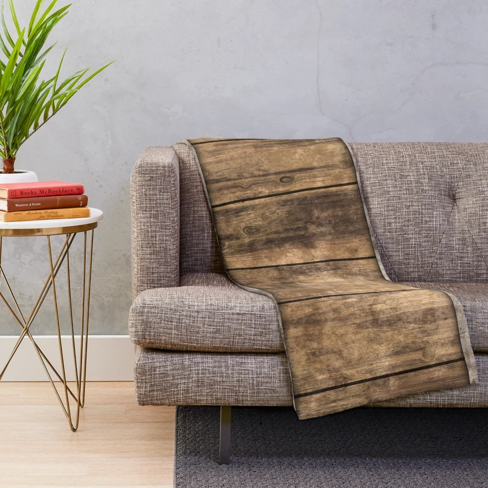 Rustic wooden barrel background plush blanket with textured wood and metal elements
