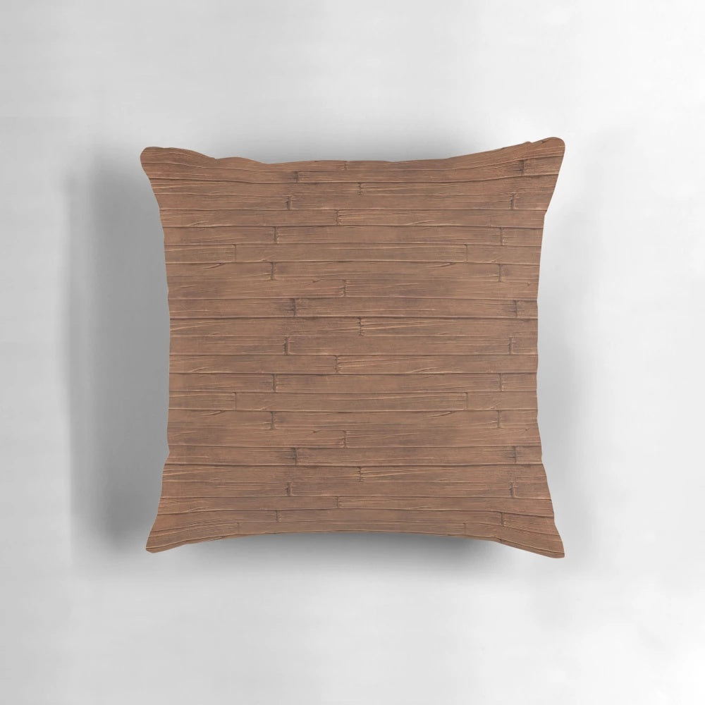 Closeup of a rustic wooden plank pillow with a distressed, grungy texture