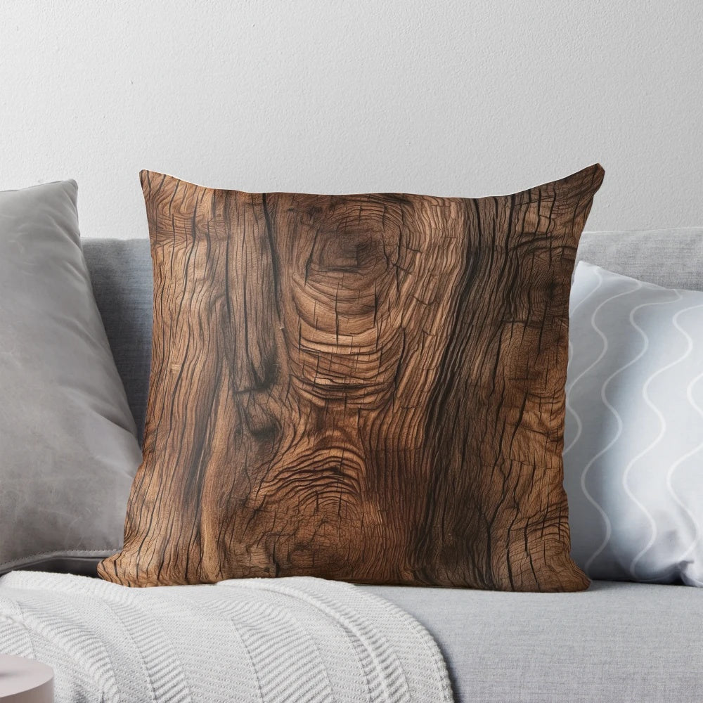 Rustic woodgrain accent pillow with natural wood texture and distressed finish