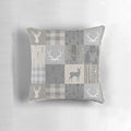 Rustic woodland-themed patchwork pillow in shades of grey and beige