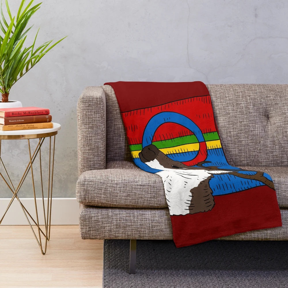 Sámi flag and reindeer design on a plush blanket, representing the indigenous Sámi people and their culture