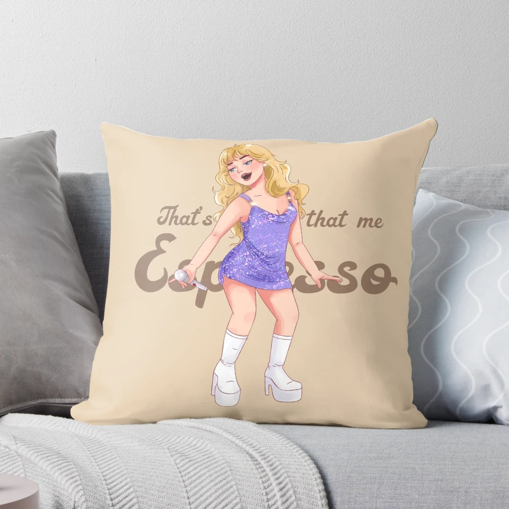 Soft and cozy pillow featuring a cartoon image of Sabrina Carpenter enjoying an espresso coffee