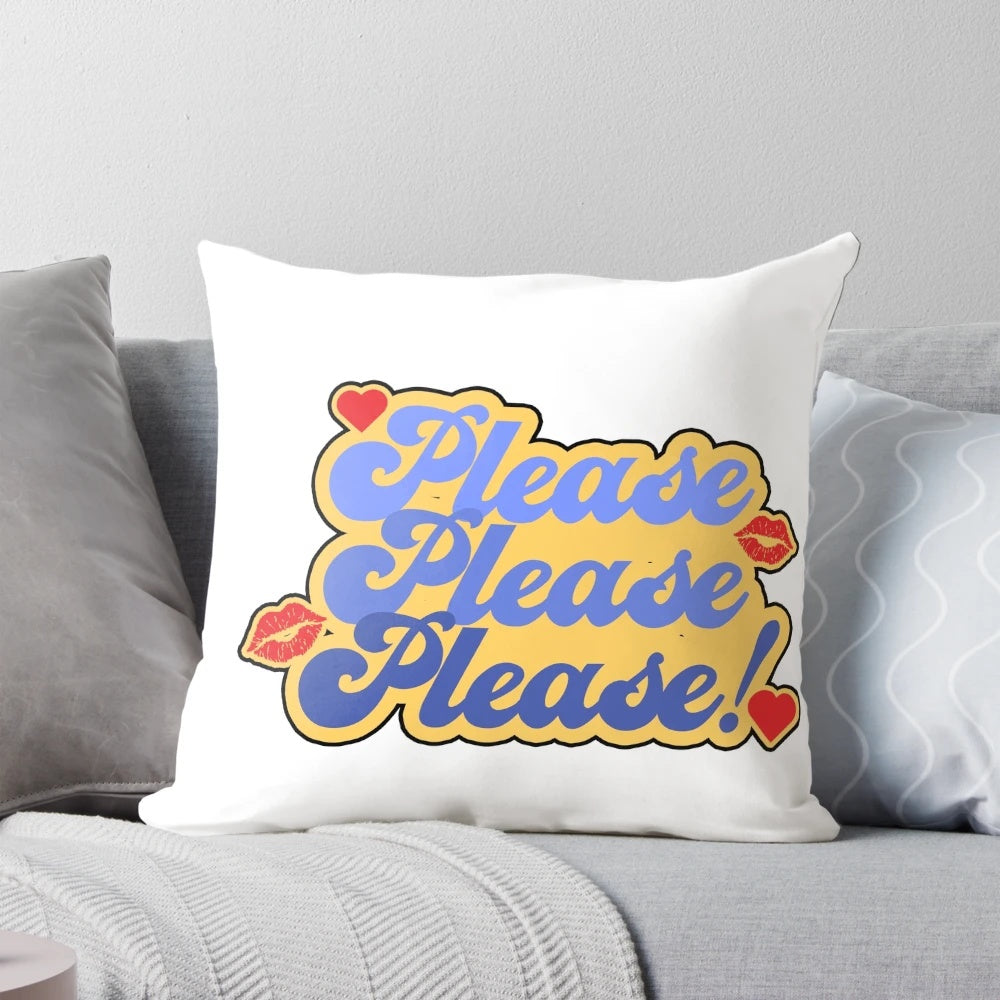 Soft, plush pillow featuring a Sabrina Carpenter "Please Please Please" sticker design